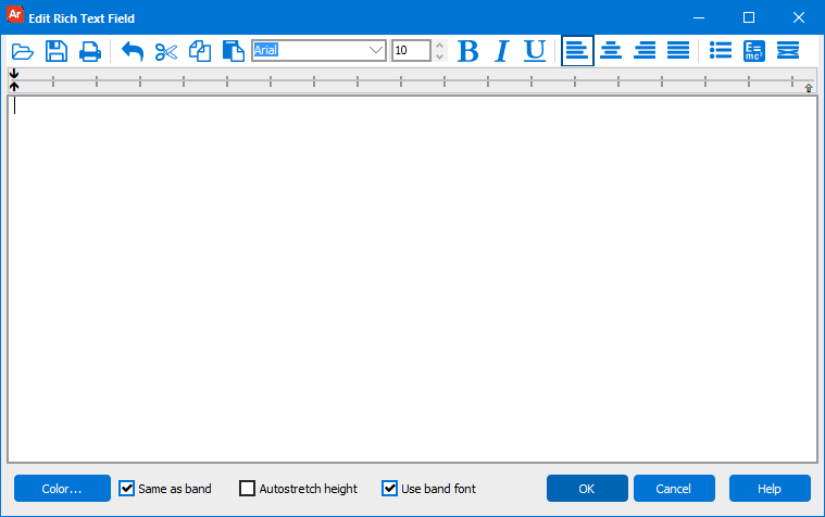 The Edit Rich Text Field dialog. The text field is empty for the moment. This dialog contains numerous selections such as font selection, font color, alignment, etc. for formatting the Rich Text field